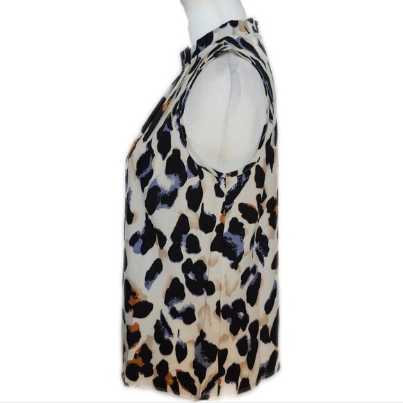 5/$55 Ruffle Neck, Sleeveless, Cream & Black Blue Rust Animal Print Blouse, S - Picture 4 of 9